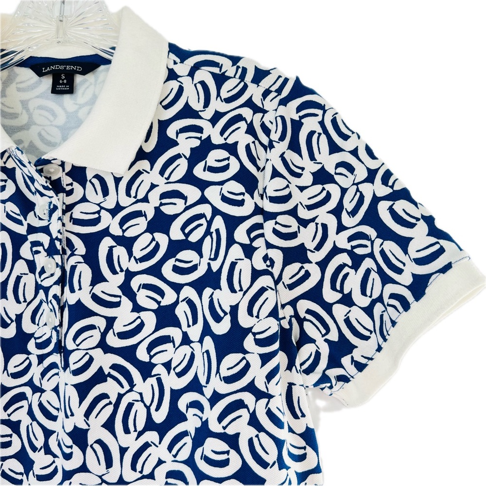 Lands' End Fedora Print Blue & White Pique Knit Polo Shirt Size Small (6-8) - Picture 13 of 17
